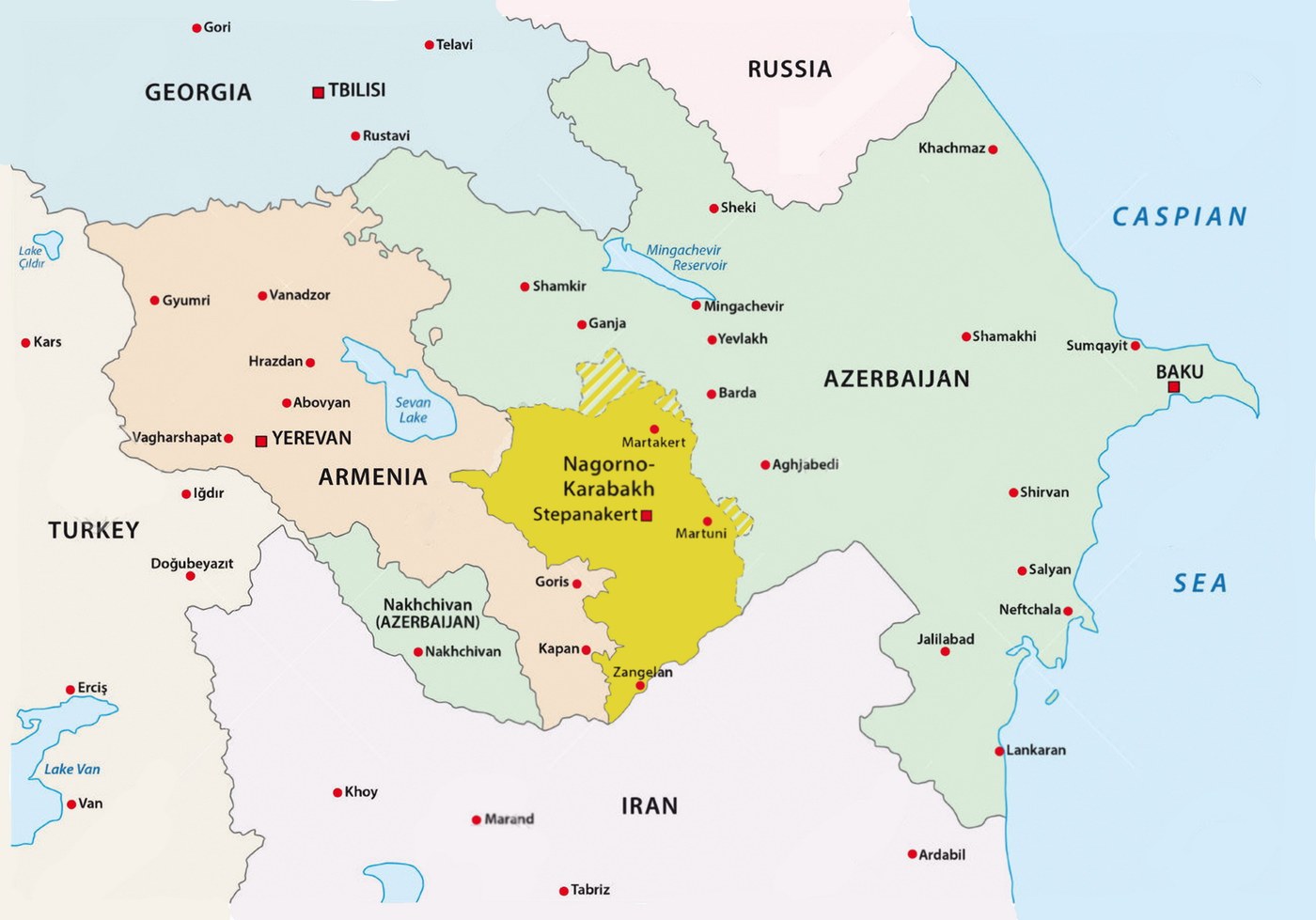 Zemljevid regije: Armenija, Azerbajdžan in Gorski Karabah